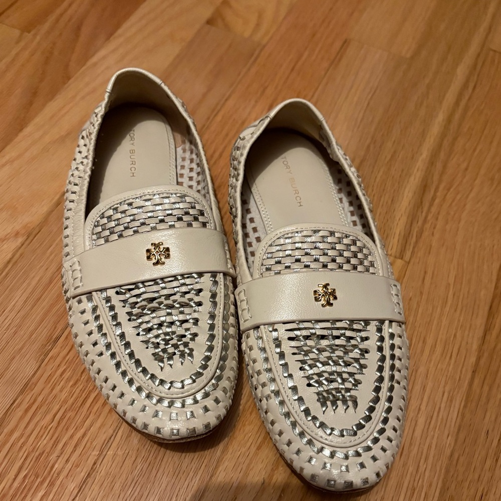 Tory Burch Ivory and Metallic Loafers